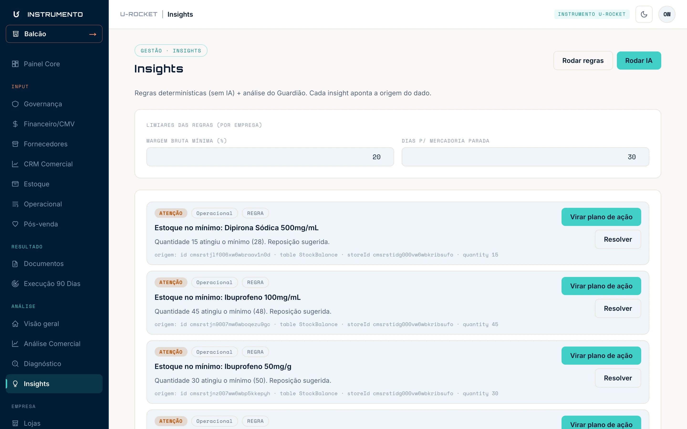 Tela de Insights do U-ROCKET, com alertas de estoque no mínimo, a origem do dado e o botão de virar plano de ação